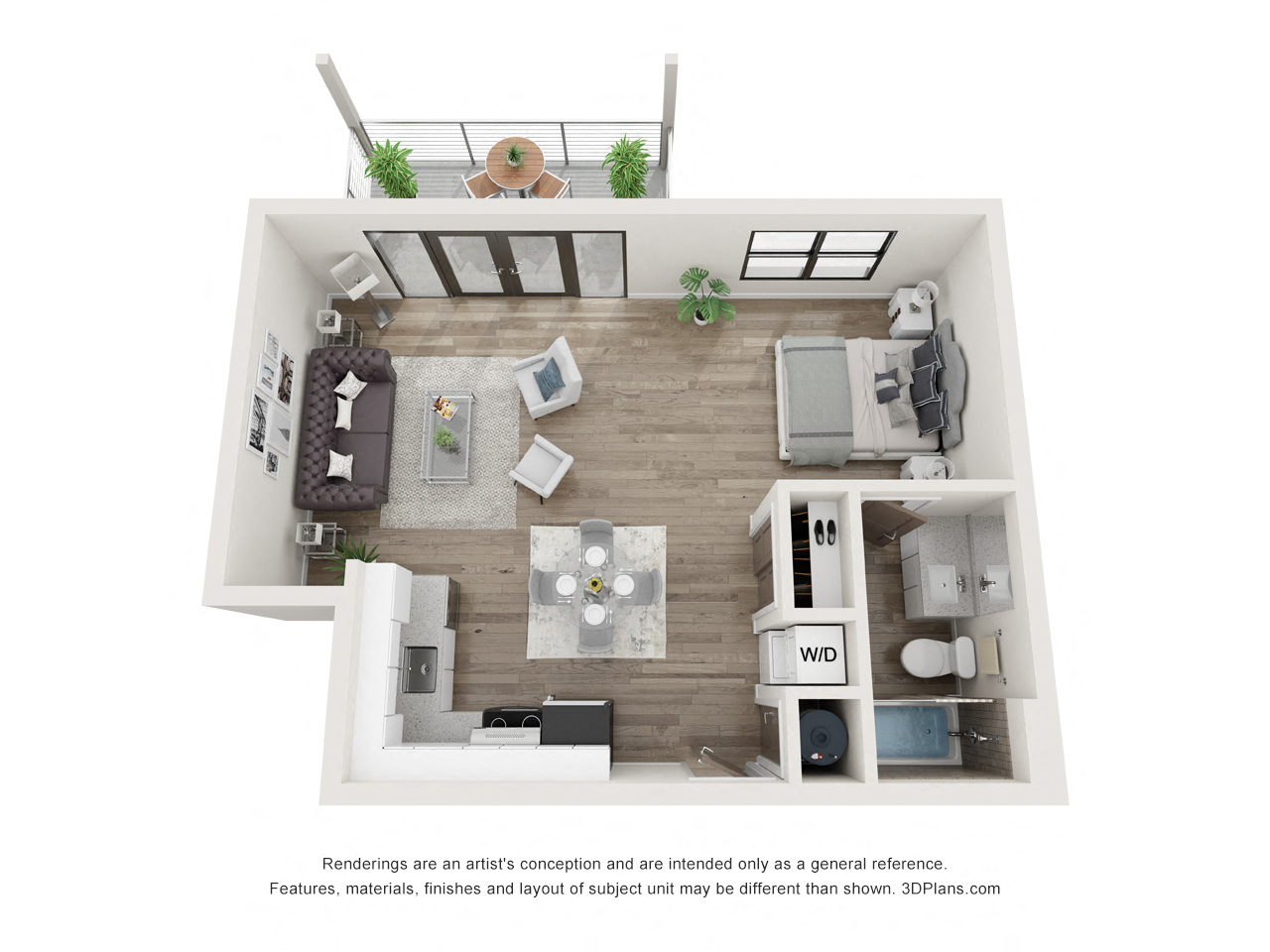 Floor plan for studio, 1 bath, 500 sqft